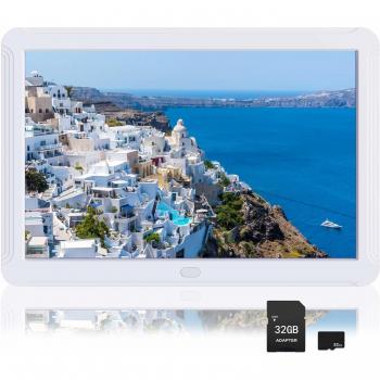 Marco Digital Foto Video IPS 1920 * 1080 Soporte Calendario Despertador Auto-Abierto/Apagado Marco Digital 8 Pulgadas con Control Remoto y Trajeta SD 32GB - Blanco
