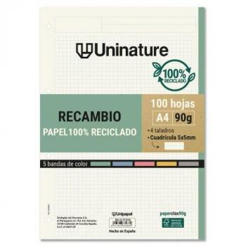 Recambio reciclado A4 100 hojas 90gr cuadrícula 5x5 mm con taladros 5 bandas color Uninature 53392900