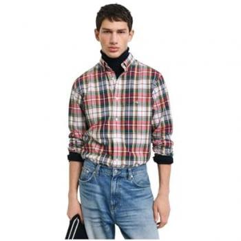 Camisa de Hombre Gant Regular Fit en Algodón Popelina con Cuadros Tartan Rojo Rubí - XXL
