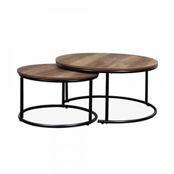 Juego de 2 mesas nido redondas, metal negro con efecto madera, set de 2, dimensiones: Ø77 x H 40 cm y Ø57 x H 35 cm, estilo Loft