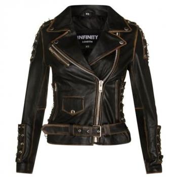 Brando Black Leather Biker Jacket for Women - Bari Size 24 UK / EU 52