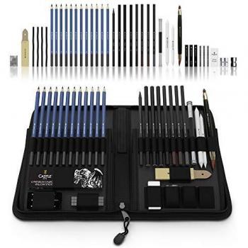 Castle Art Supplies juego de 40 lápices para bocetar y dibujar presentado en un estuche con cremallera. ¡Gama de lápices para bocetar de calidad y mucho más!