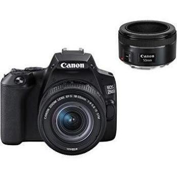 EOS 250D (24, 1 megapíxeles, Pantalla de 7,7 cm (3), Sensor APS-C, 4K, Full HD, DIGIC 8, WLAN, Bluetooth), Color Negro, Incluye EF-S 18-55 mm f/4-5.6 IS STM, Negro, EF 50 mm f/1.8 STM
