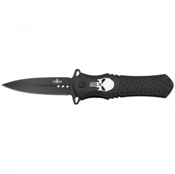 Navaja Third K2905 con mango de aluminio negro y detalle de calavera en plata, hoja de acero 420 de 9.85 cm y clip