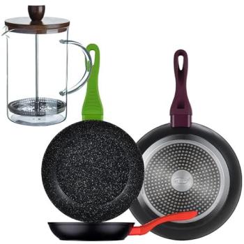 Set 3 Sartenes de Aluminio Forjado San Ignacio Ø20/24/28 cm con Cafetera de Émbolo de Vidrio Borosilicato y Delantal de Cocina Gris Oscuro 100% Algodón