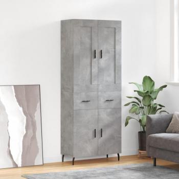 Aparador alto de madera contrachapada gris hormigón 69,5x34x180 cm con 2 puertas y 2 cajones, mueble de almacenaje para salón, buffet y armario auxiliar