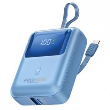 Powerbank Promate PowerPod-10 10000mAh USB-C 35W y USB-A QC 18W con Cable Integrado Azul