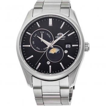Reloj Orient® Sun and Moon Automatic RA-AK0307B10B para hombre, con movimiento automático, esfera negra, indicador de día y noche, correa de acero inoxidable, resistente al agua hasta 50 metros