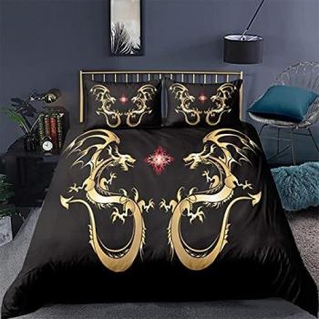 CYPZ Juego de Funda nórdica cómoda con Estampado de dragón Dorado 3D para Vida en el hogar, Funda de Almohada, Juego de Cama para niños, Reina y Rey