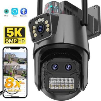 Cámara IP 5K HD EU WIFI 9MP con Zoom Híbrido 8X, Seguimiento Automático, PTZ para Exteriores, Triple Lente, Doble Pantalla, Seguridad y Vigilancia 4K con Cap