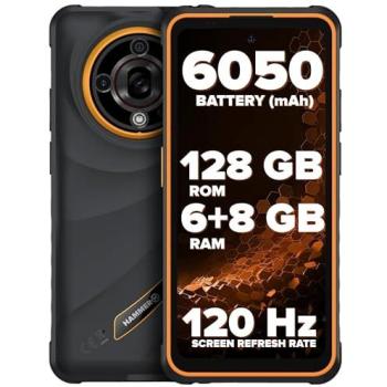 Smartphone Rugerizado Hammer Iron 6 5G, 6/128GB, Pantalla de 6.56, Android 15, Doble SIM, Negro/Naranja