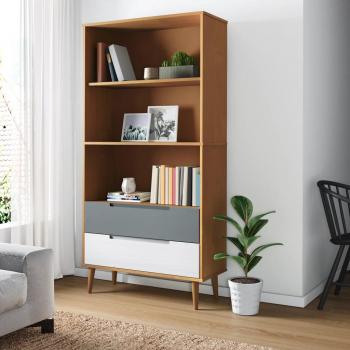 Librería MOLDE de madera maciza de pino 85x35x170,5 cm en color Marrón, Blanco y Gris - Mueble de Almacenaje Estantería para Oficina, Estudio y Dormitorio