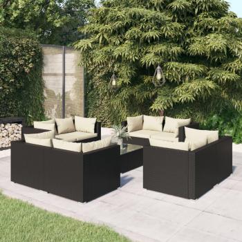 9-Piece Black Poly Rattan Garden Lounge Set with Cushions