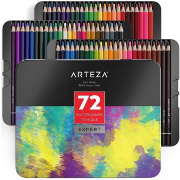 Arteza Lápices acuarelables profesionales, juego de 72, estuche de lápices de colores de dibujo artístico, tonos surtidos brillantes para colorear, mezclar y crear capas con técnicas de acuarela