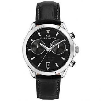 Philip Watch Swiss Made Blaze Chronograph Men's Watch - Black Dial, Silver Tone, Leather Strap, 100M Water Resistant