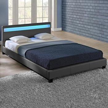 Cama Doble Elegante Tapizada en Piel Sintética con Iluminación LED - 140x200cm (Gris Oscuro)
