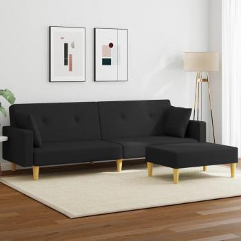 Sofá cama de 2 plazas de tela negra con reposapiés y taburete Vidaxl