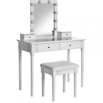 VASAGLE Tocador, Mesa Tocador, Mesa Maquillaje con Taburete Tapizado, Espejo, 10 Bombillas Regulables Iluminación, 2 Cajones Grandes con Tablero Vidrio Templado, 2 Cajones Pequeños, Blanco RDT172W01