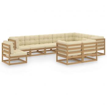 Set de muebles de jardín 10 piezas con cojines de madera maciza de pino color ámbar