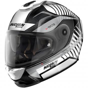 Casco Integral Nolan X-903 RS Ultra Carbon Blanco con características de alta resistencia, diseño aerodinámico, sistema de ventilación avanzado y compatibilidad con N-Com