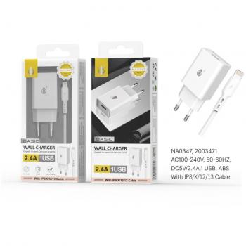 Cargador de Red USB 2.4A con Cable Lightning para iPhone (Modelos 5-13) - Blanco