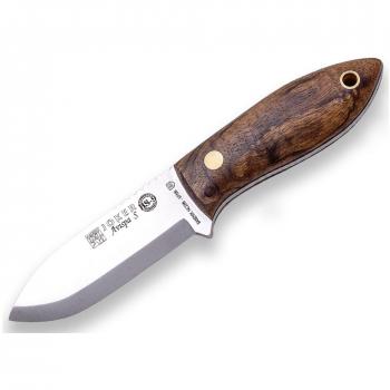 Cuchillo de caza Joker Avispa S CN121 con hoja de 8 cm y mango de nogal, incluye funda de cuero marrón - Ideal para pesca, caza, camping y senderismo