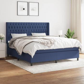 Cama box spring con colchón de muelles en tela azul 180x200 cm