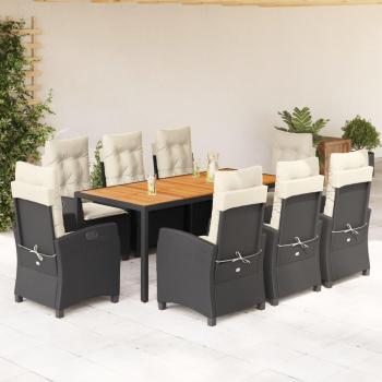 9-Piece Black Poly Rattan Garden Dining Set with Cushions