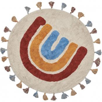 Alfombra redonda de algodón multicolor Ø 120 cm con borlas y patrón geométrico estilo boho para sala de estar y habitación infantil