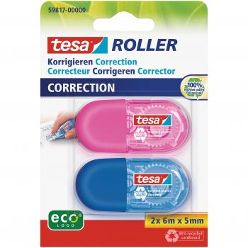 tesa Mini Roller Corrector ecoLogo , Paquete de 2 Cintas Correctoras Ergonómicas Pequeñas Azul y Rosa , Dimensiones de la Cinta 6 m x 5 mm