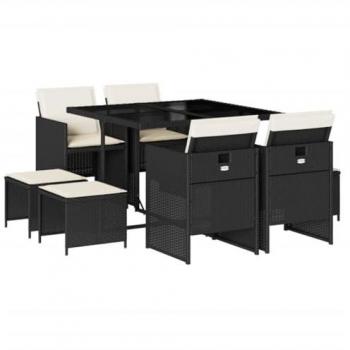 Set de comedor de jardín 9 pzas con cojines de ratán sintético negro