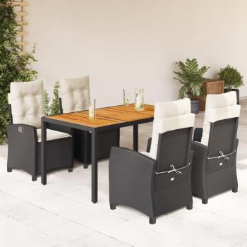5-Piece Black Poly Rattan Garden Dining Set with Cushions