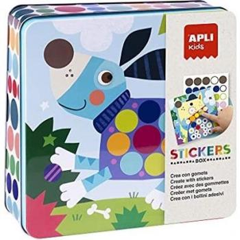 APLI Kids cartón, Incluye Cuaderno con ejemplos 18814-Juego de gomets Multicolores en Caja metálica Modelo Perros-Juego de Pegatinas para completar Las Ilustraciones