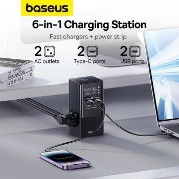 Baseus PowerCombo Tower Power Strip 2AC+2U+2C 100W 1,5m EU Cluster Preto - Regleta de alimentación con 2 tomas de corriente AC, 2 puertos USB y 2 pu