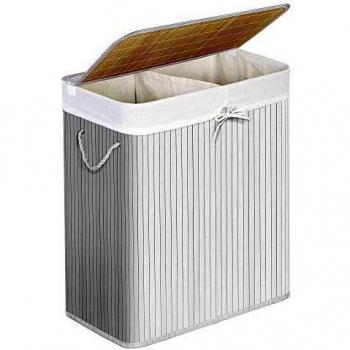 SONGMICS Cesta de Ropa Sucia, Cesta de la Colada de Bambú, con 2 Secciones, Tapa y Bolsa Extraíble, Asas de Algodón, Capacidad de 100 L, Blanco LCB064WT