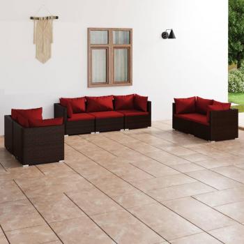 7-Piece Brown Poly Rattan Garden Lounge Set with Cushions