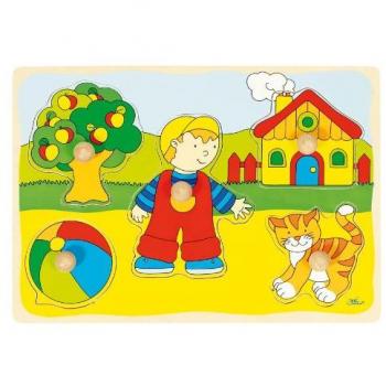 Rompecabezas de Madera Goki - Puzzle de Gato y Casa con 5 Piezas y Grandes Botones