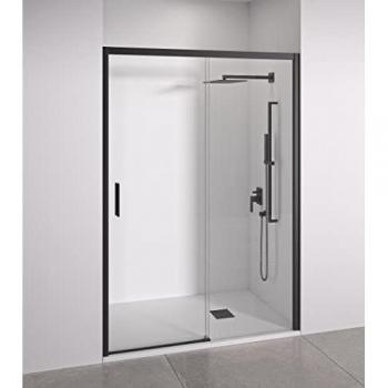 Mampara de Ducha Frontal Corredera + Fijo 6mm Cristal Templado Antical - Adaptable 120-125cm - Sin Perfilería Inferior - Negro Mate