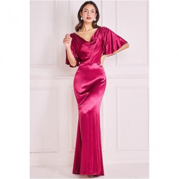 Goddiva Satin Viscose Cowl Neck Maxi Dress with Train - Burgundy