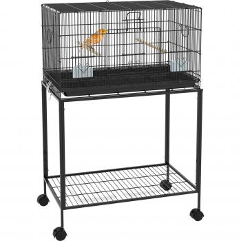 PawHut Jaula para Aves con Ruedas 77x46x119 cm Espaciosa con Bandeja Extraíble Perchas y Comederos Fácil de Mover Negro