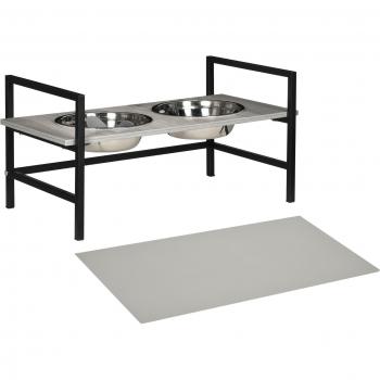 PawHut Comedero Elevado para Perros con Altura Ajustable 2 Cuencos Tapete y Alimentador Lento 60x33x10-31,5 cm Gris