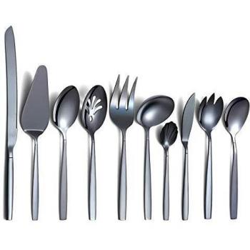 Berglander Juego de Cubiertos de Acero Inoxidable Negro para Servir 10 Piezas con Revestimiento de Titanio Negro, cucharas para Servir, utensilio para Servir Plateado