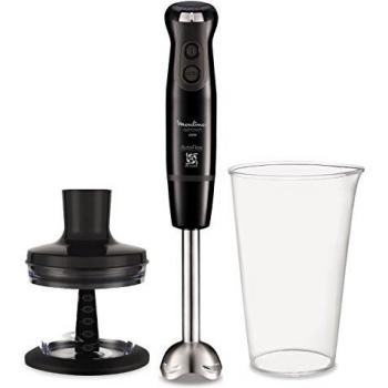 Moulinex Optitouch DD831810 Batidora de Mano con 16 velocidades Ajustables y Turbo, 4 Cuchillas con Sistema ActivFlow más el Accesorio Picador, 600 W, 78 Decibelios, plástico, Negro, Acero Inoxidable