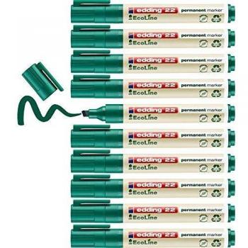 Edding 22 EcoLine marcador permanente - verde - 10 rotuladores - punta biselada 1-5mm - indeleble de secado rápido - resistente al agua y los borrones - cartón plástico madera metal tela - universal