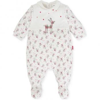 Pelele largo con pie de bebé niño blanco con abertura trasera y entrepierna con botones de presión, estampado renos