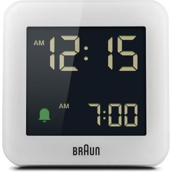 Braun Digital Alarm Clock with Snooze, Negative LCD Display, Quick Set, Crescendo Beep Alarm in White