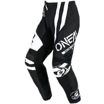 Pantalones de motocross O'Neal Element Warhawk Negro-Blanco características: diseño ligero y duradero, ajuste cómodo, múltiples paneles de ventilación, refuerzos en áreas críticas, tejido resistente a la abrasión, cierre de