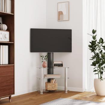 Mueble TV esquina 3 niveles para 32-70 pulgadas, color negro plateado, ideal para salón, con diseño moderno y funcionalidad óptima