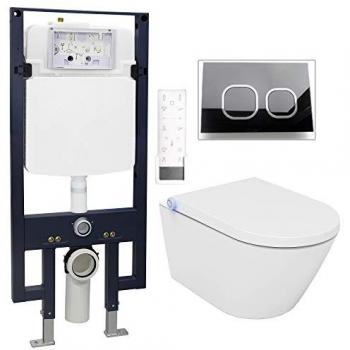 WC Multifuncional Bernstein Pro+ 1102 con Ducha y Mando a Distancia, Asiento de Cierre Suave, Elemento de Instalación en Pared G3008, Placa de Vidrio Negra