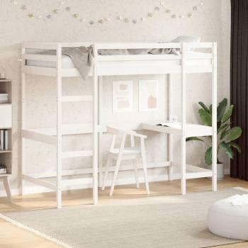 Cama loft con escritorio de madera maciza de pino blanca 100x200 cm